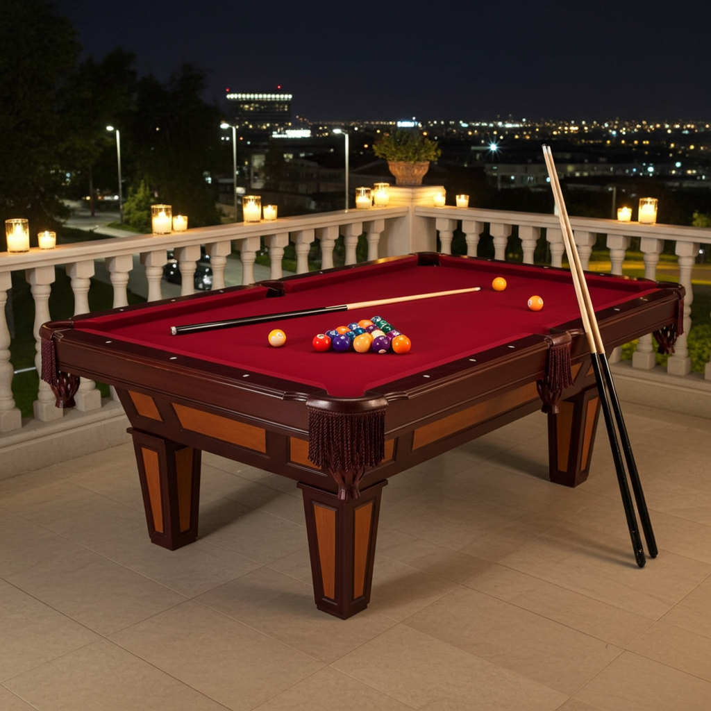 7 Ft Pool Table with Red Burgundy Wool Top and Fringe Drop Pockets