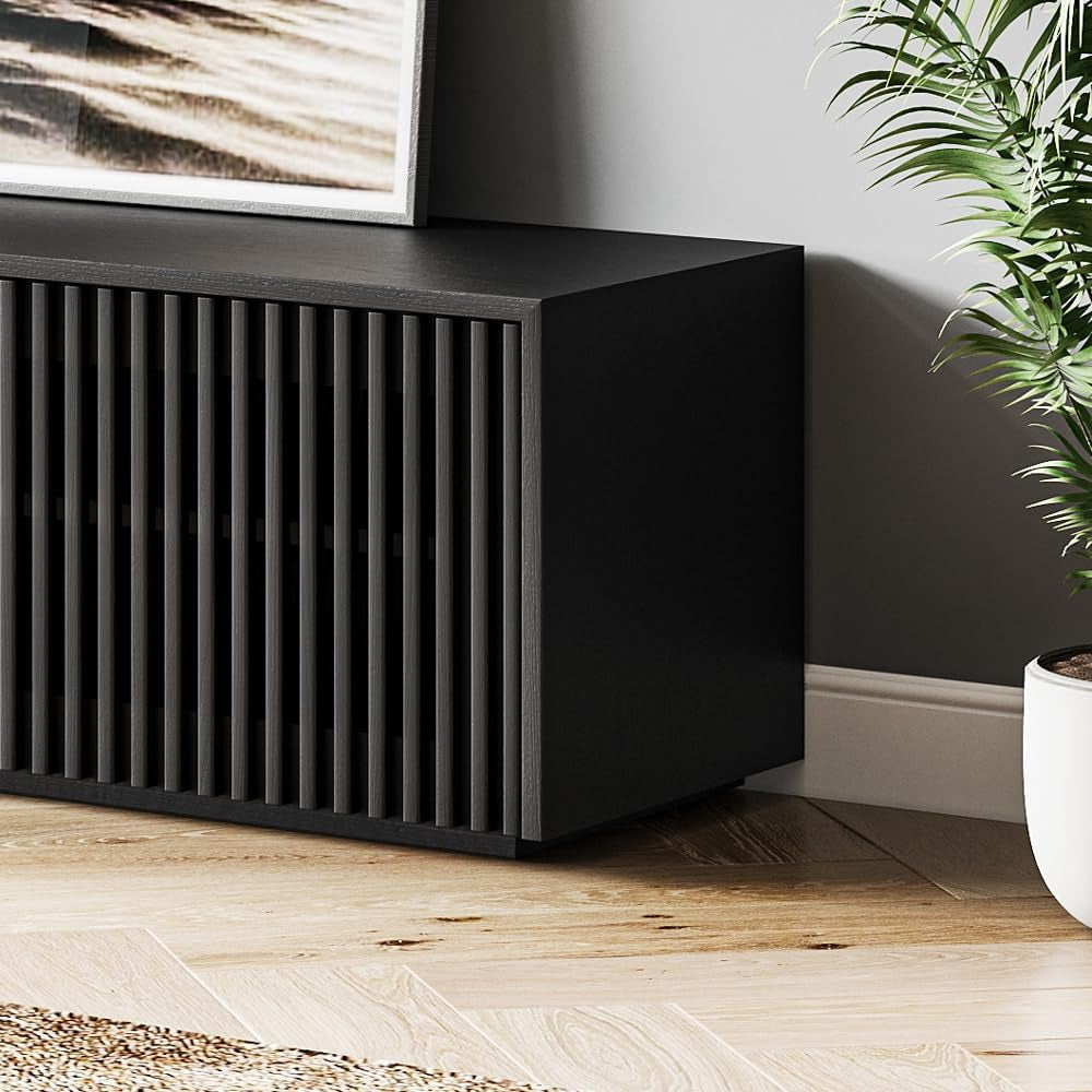 65 Inch Black Solid Wood TV Stand With Oak Veneer Finish