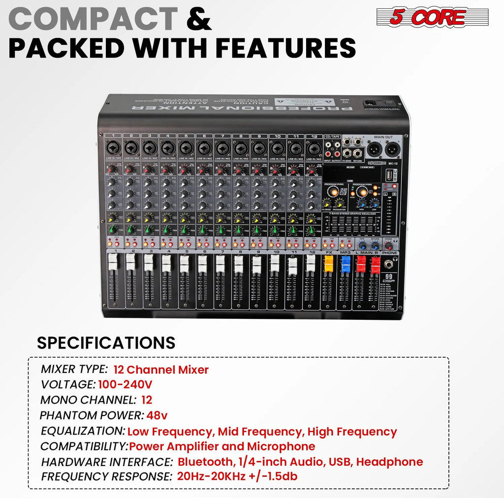 Audio Mixer 12 Channel DJ Equipment with Bluetooth USB Console Sound