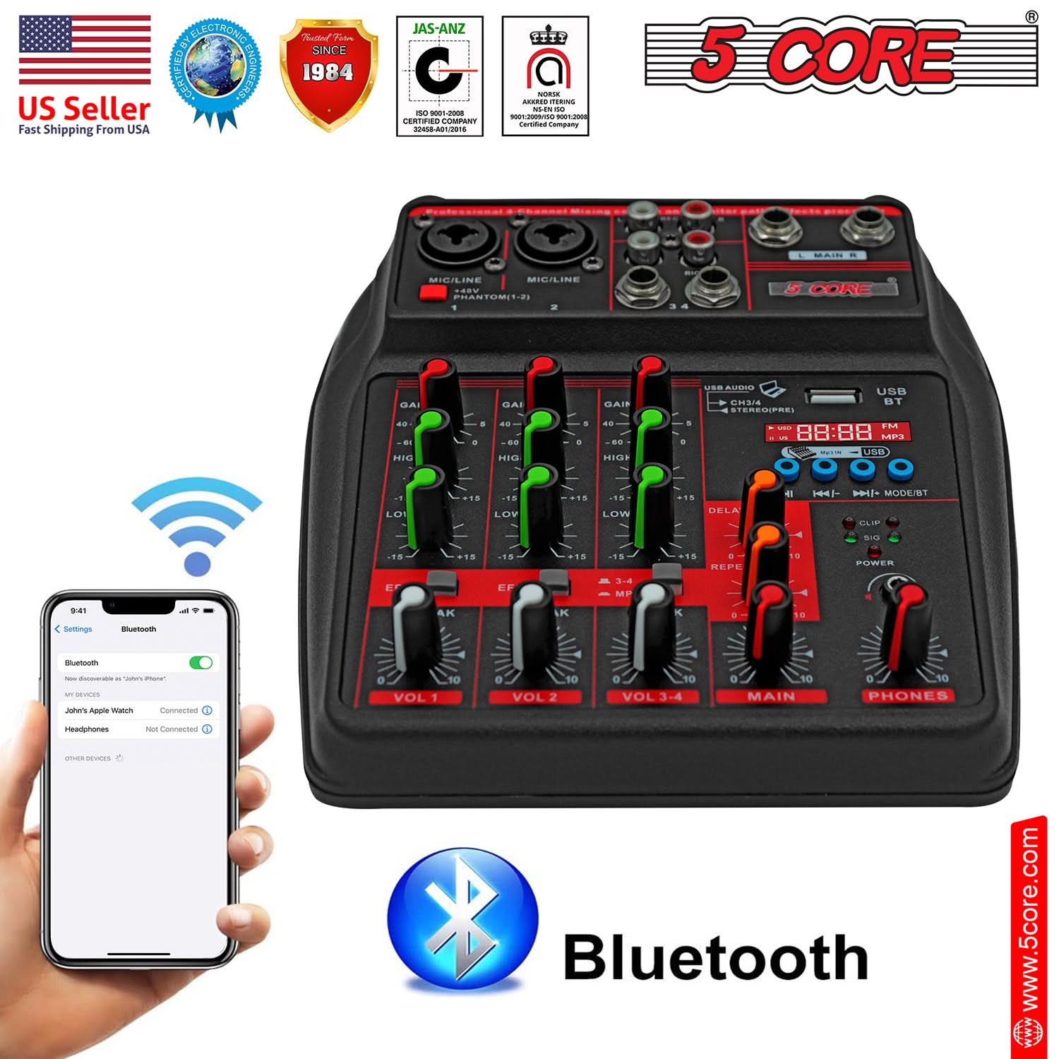 5 Core Audio Mixer 4 Channel DJ Equipment with Bluetooth USB Sound