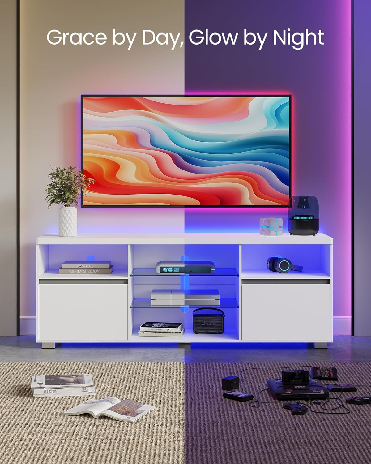 63-Inch LED TV Stand For 70-Inch TVs, White Entertainment Center