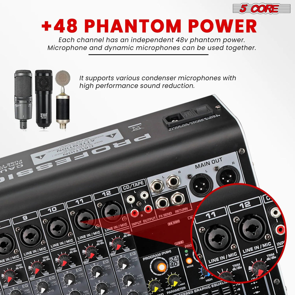 Audio Mixer 12 Channel DJ Equipment with Bluetooth USB Console Sound