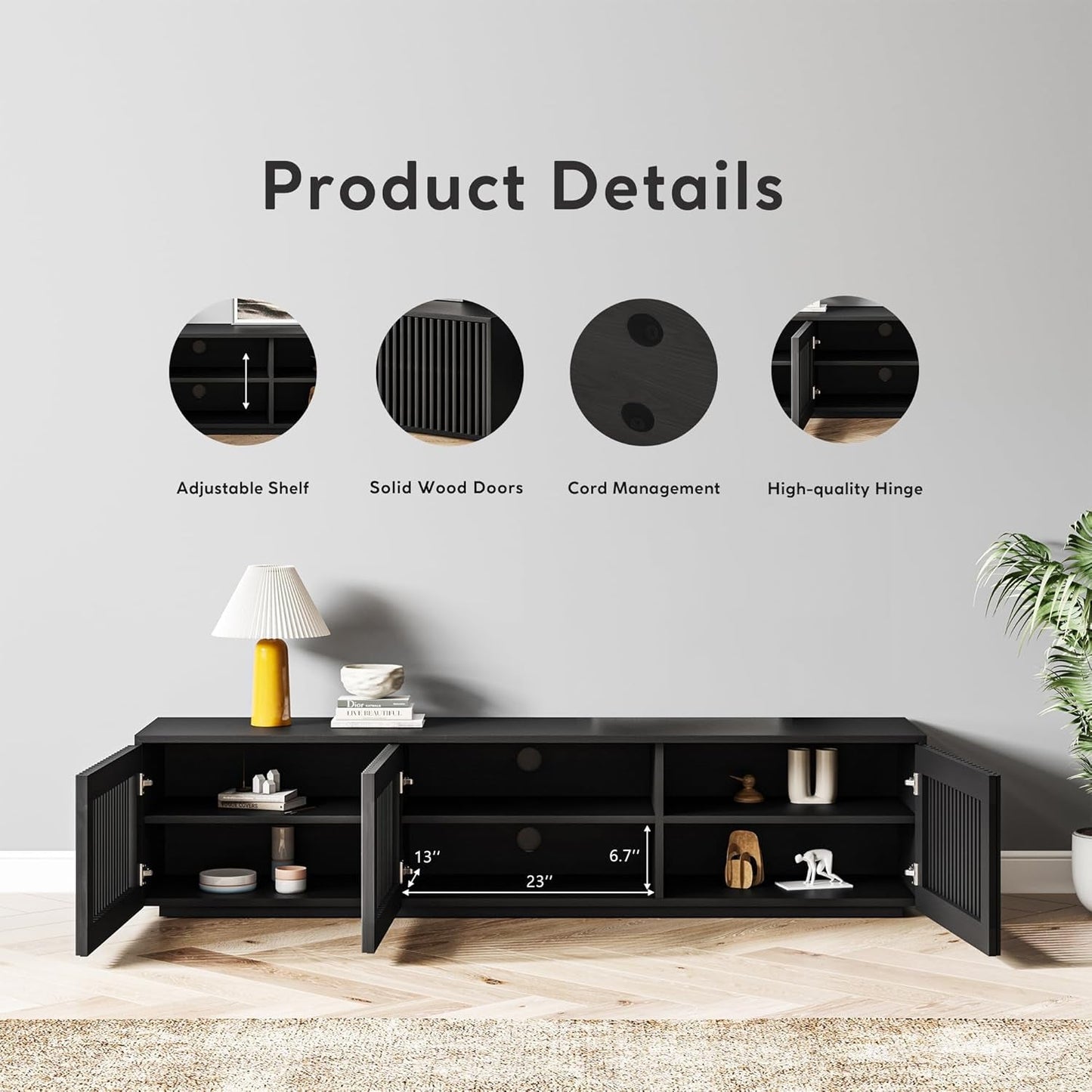 65 Inch Black Solid Wood TV Stand With Oak Veneer Finish