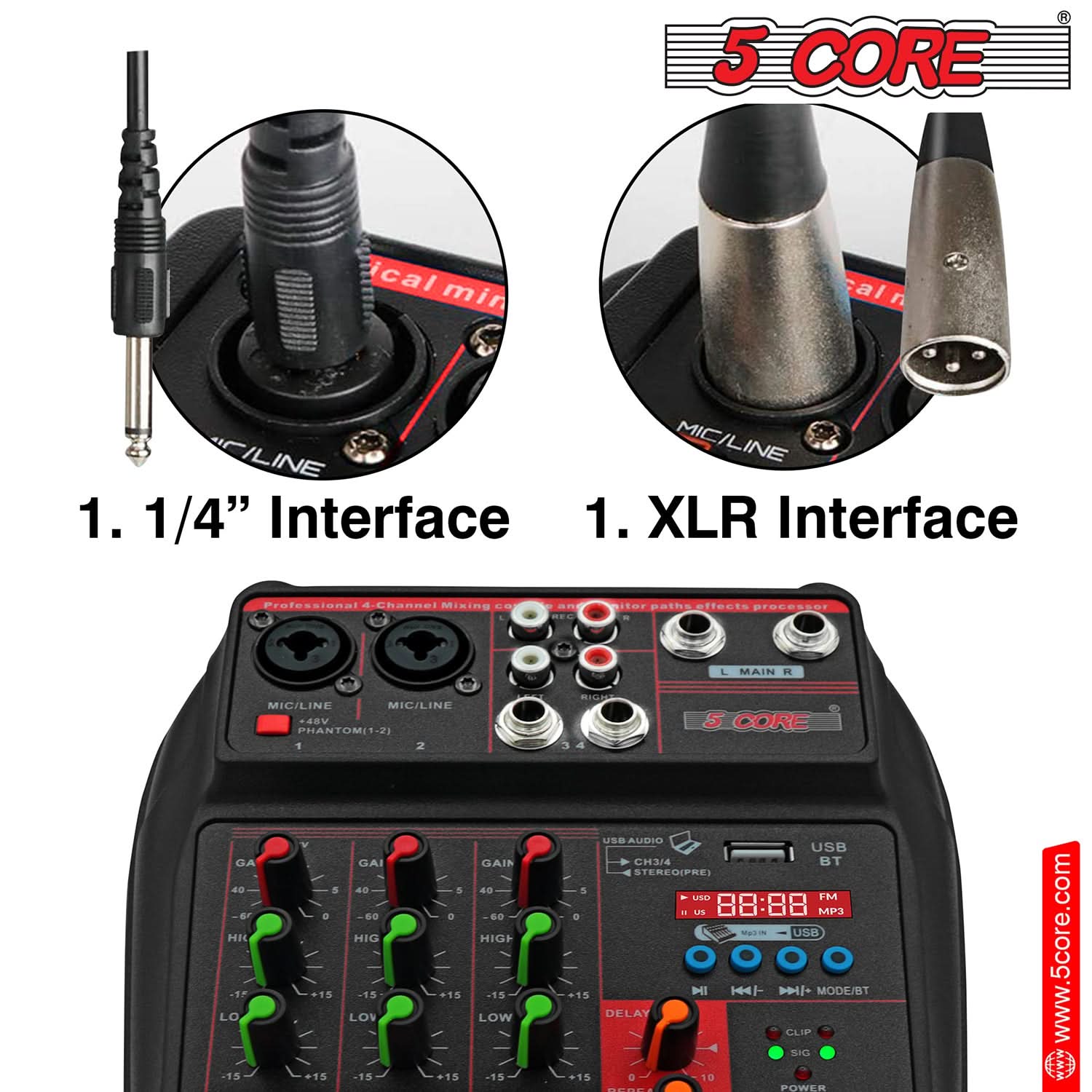 5 Core Audio Mixer 4 Channel DJ Equipment with Bluetooth USB Sound