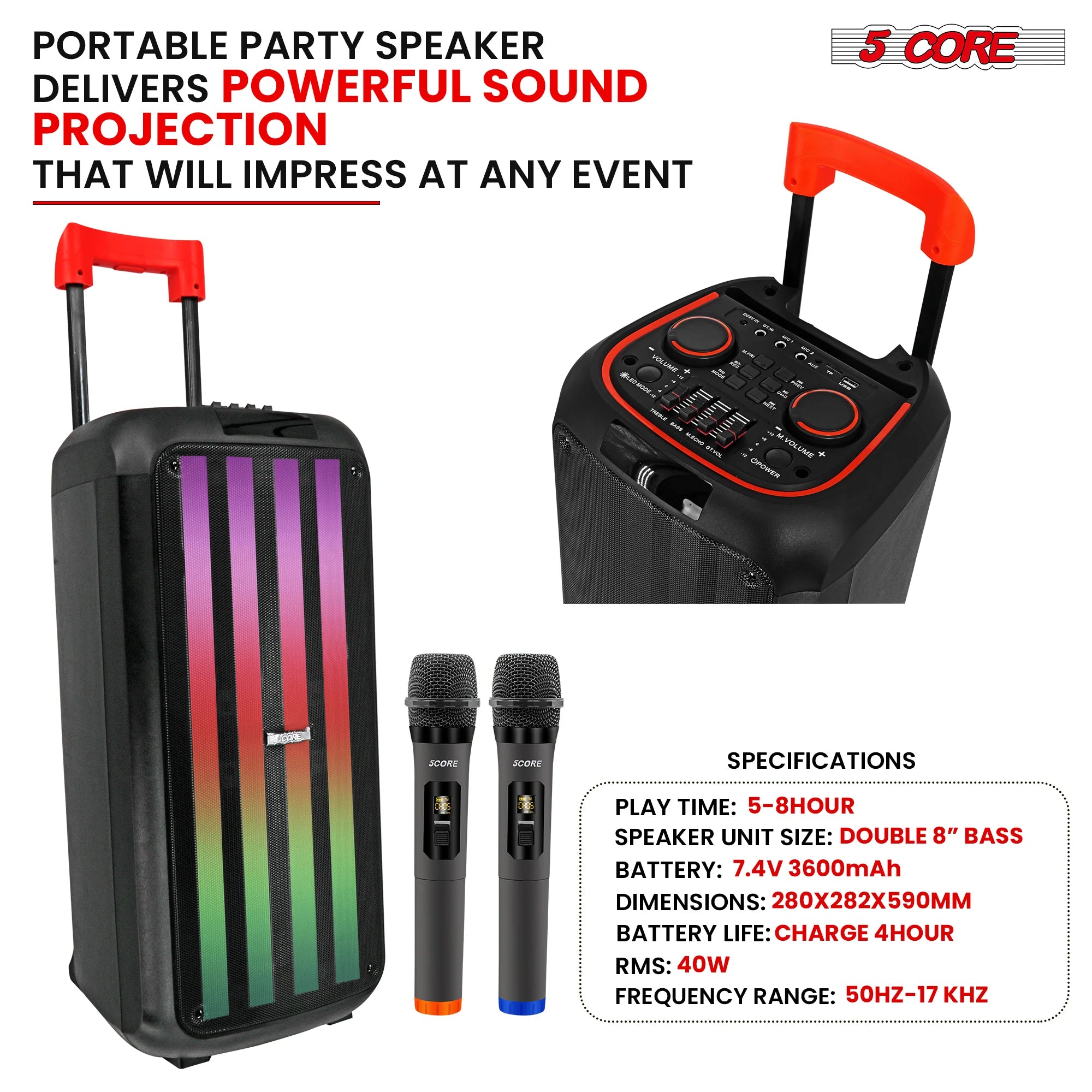 5Core Bluetooth Party Speaker 8 Inch PA RGB Partybox Karaoke Machine +
