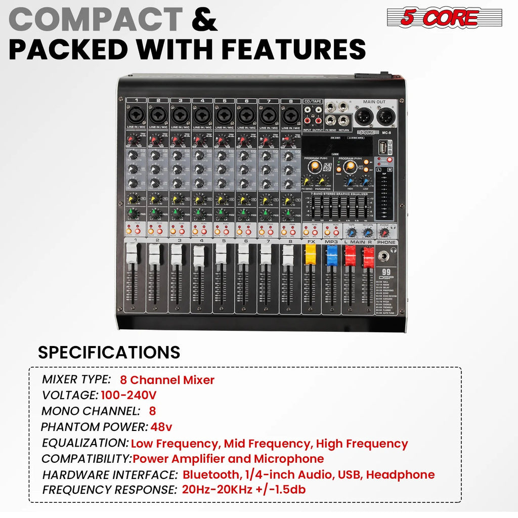 Audio Mixer 8 Channel DJ Equipment with Bluetooth USB Console Sound