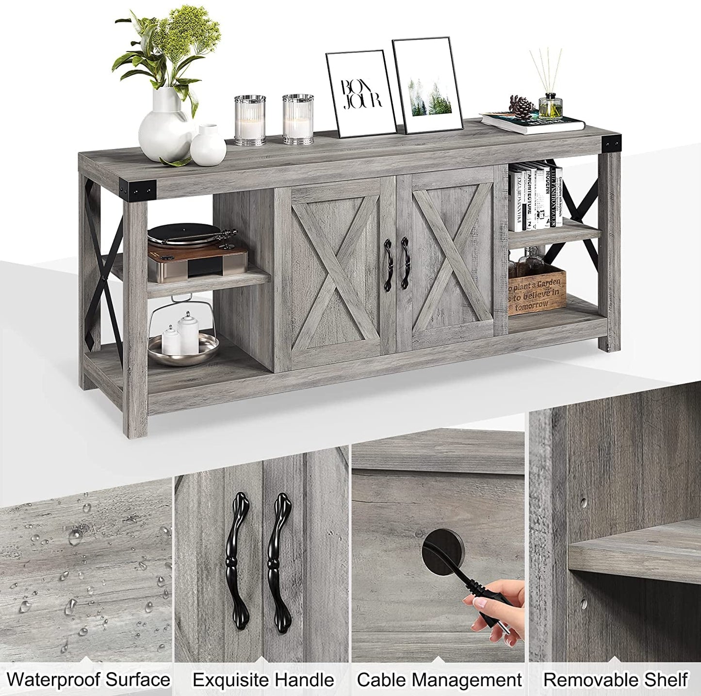 Grey Rustic Farmhouse TV Stand For 50 To 65 Inch TVs