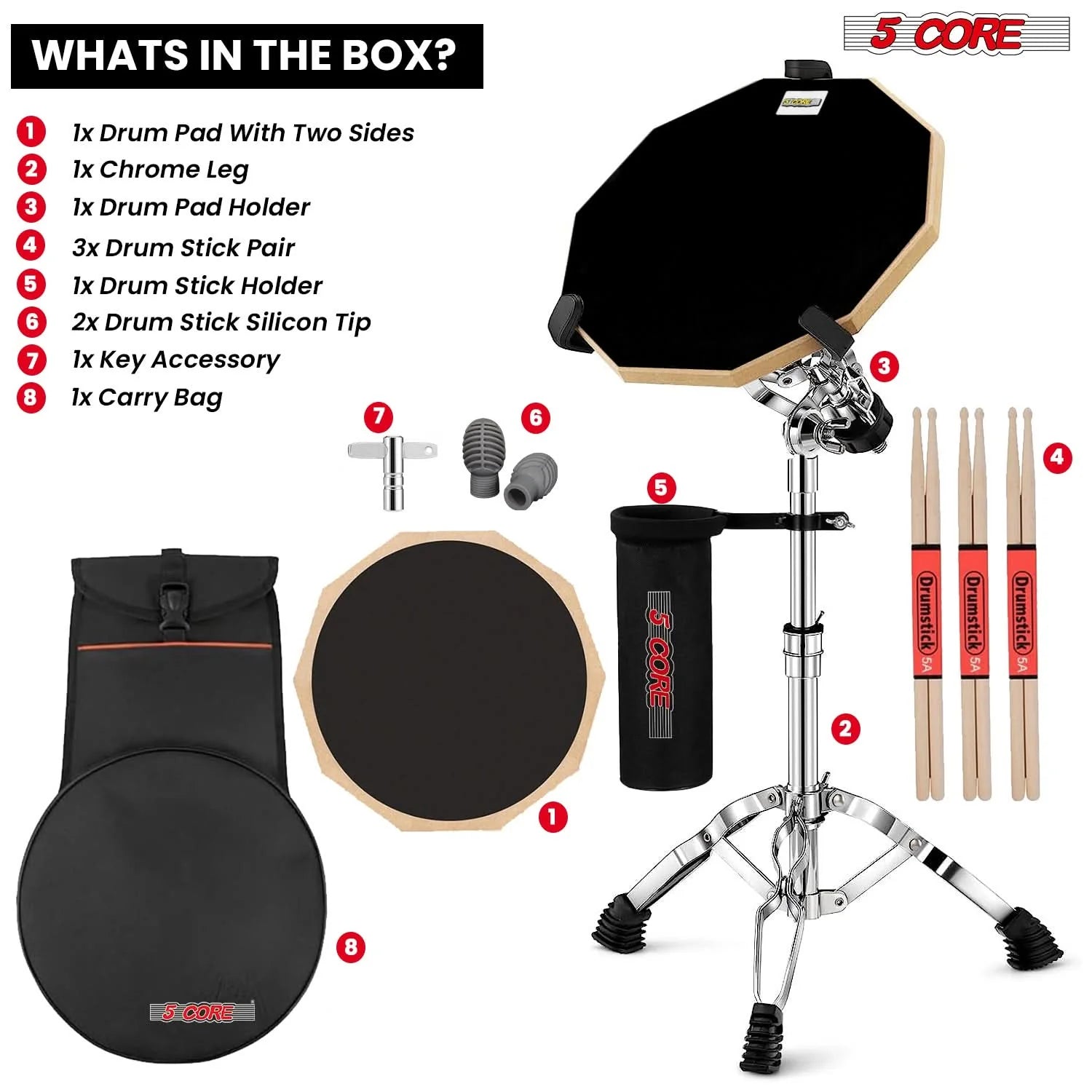 Drum Practice Pad Set 12" Adjustable Snare Drumming Stand Double Sided