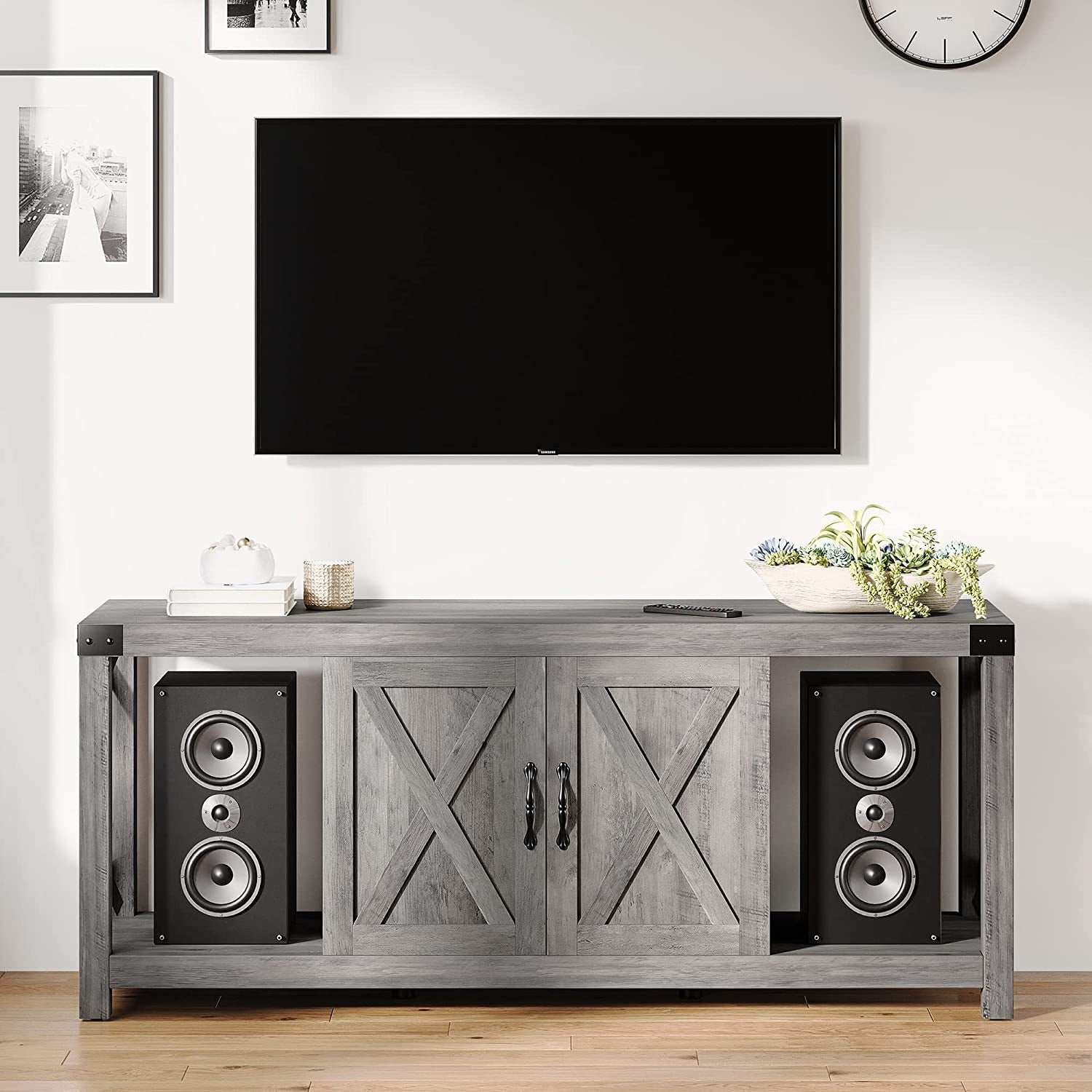 Grey Rustic Farmhouse TV Stand For 50 To 65 Inch TVs