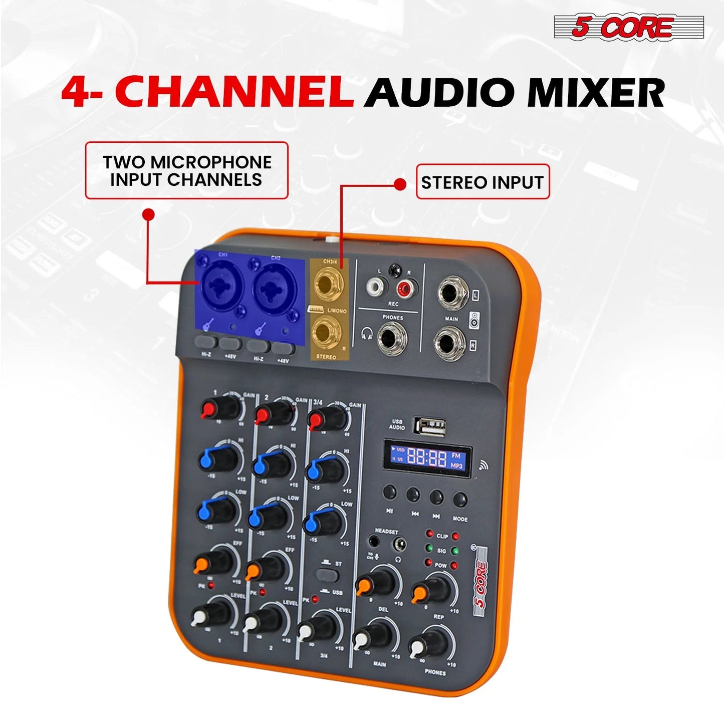 Audio Mixer 4 Channel DJ Equipment with Bluetooth USB Sound Board