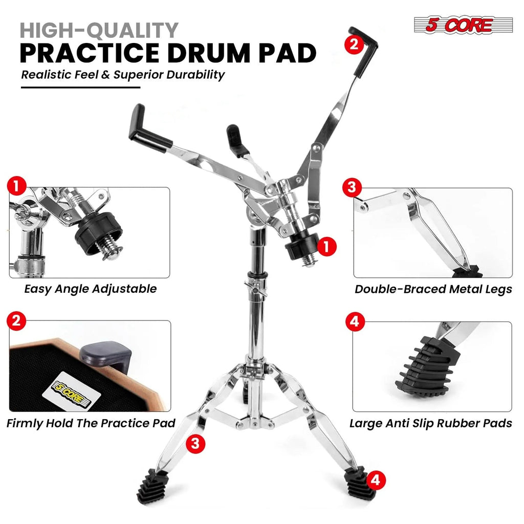Drum Practice Pad Set 12" Adjustable Snare Drumming Stand Double Sided