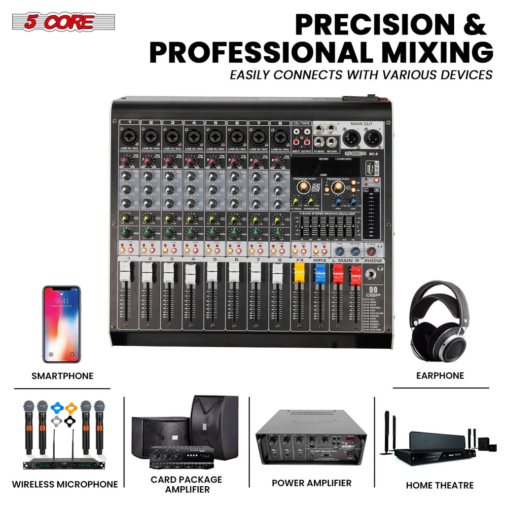 Audio Mixer 8 Channel DJ Equipment with Bluetooth USB Console Sound