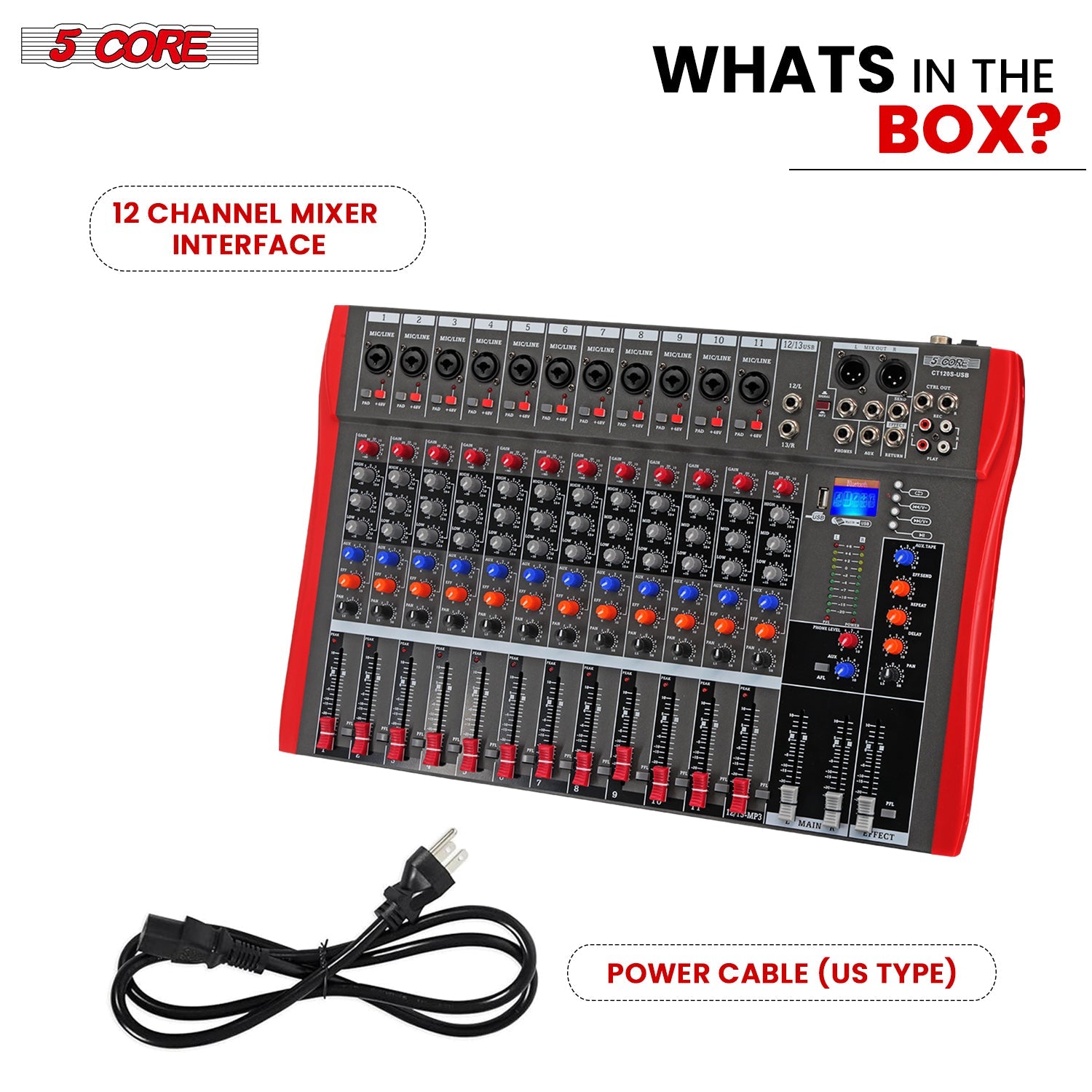 5 Core Audio Mixer 12 Channel DJ Equipment with Bluetooth USB Sound