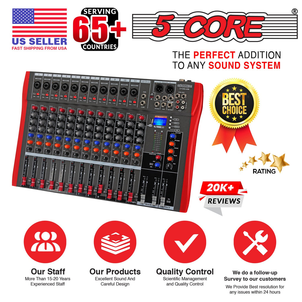 5 Core Audio Mixer 12 Channel DJ Equipment with Bluetooth USB Sound
