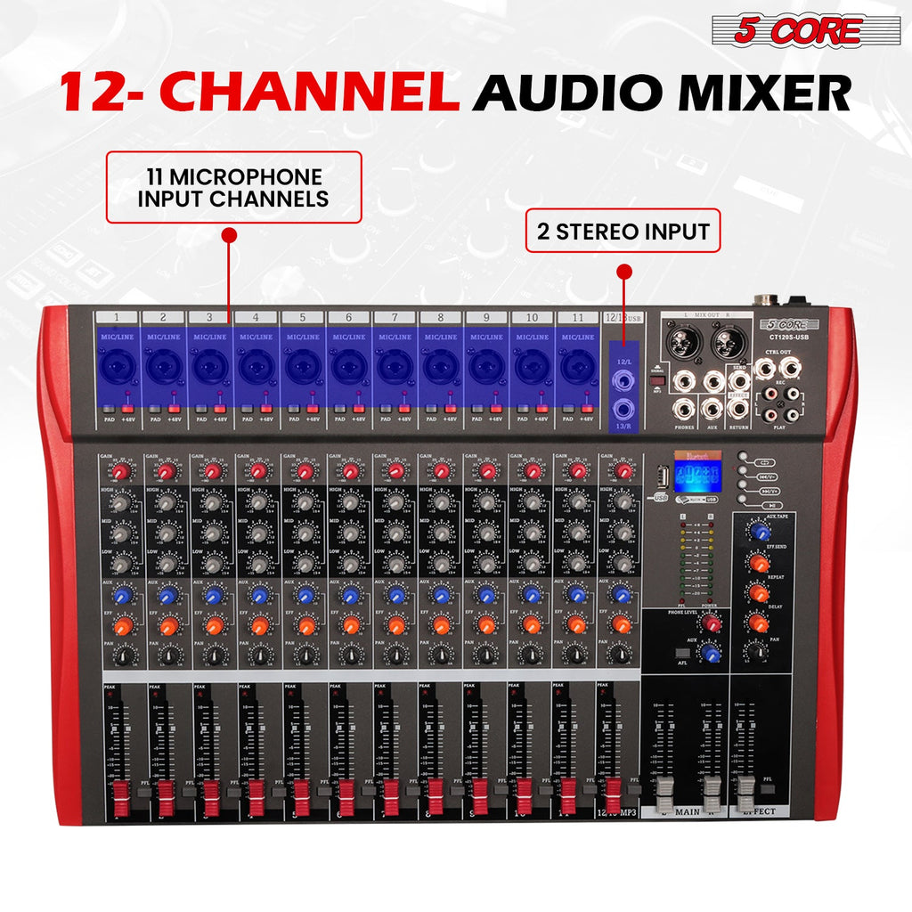 5 Core Audio Mixer 12 Channel DJ Equipment with Bluetooth USB Sound