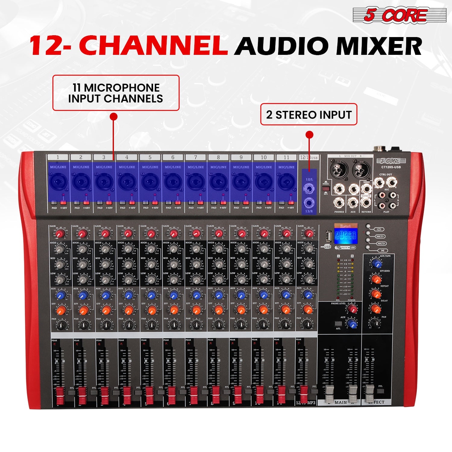 5 Core Audio Mixer 12 Channel DJ Equipment with Bluetooth USB Sound