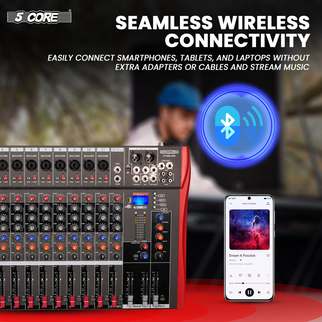 5 Core Audio Mixer 12 Channel DJ Equipment with Bluetooth USB Sound