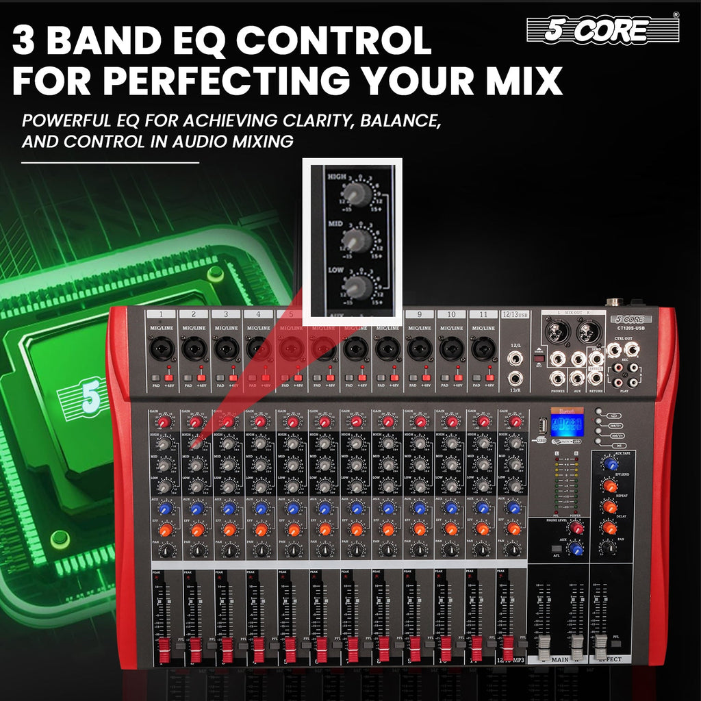 5 Core Audio Mixer 12 Channel DJ Equipment with Bluetooth USB Sound