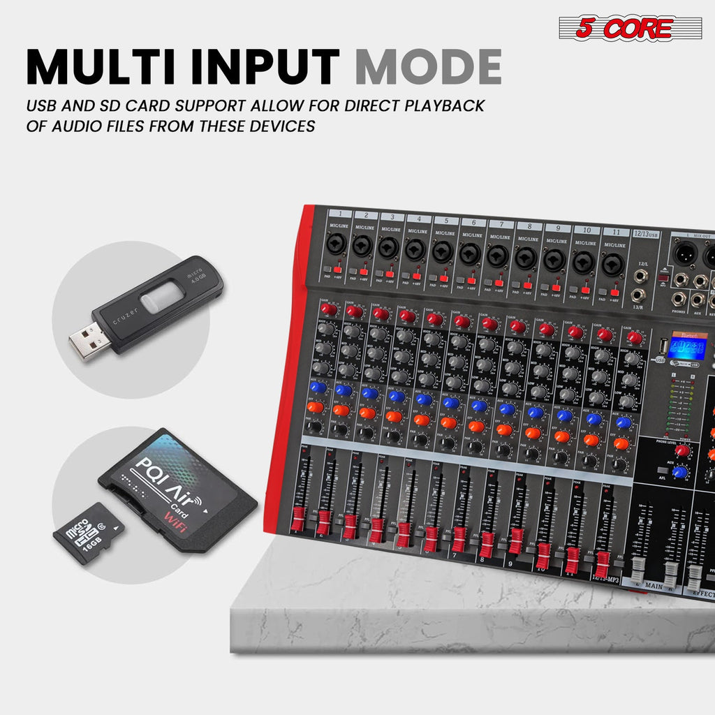 5 Core Audio Mixer 12 Channel DJ Equipment with Bluetooth USB Sound