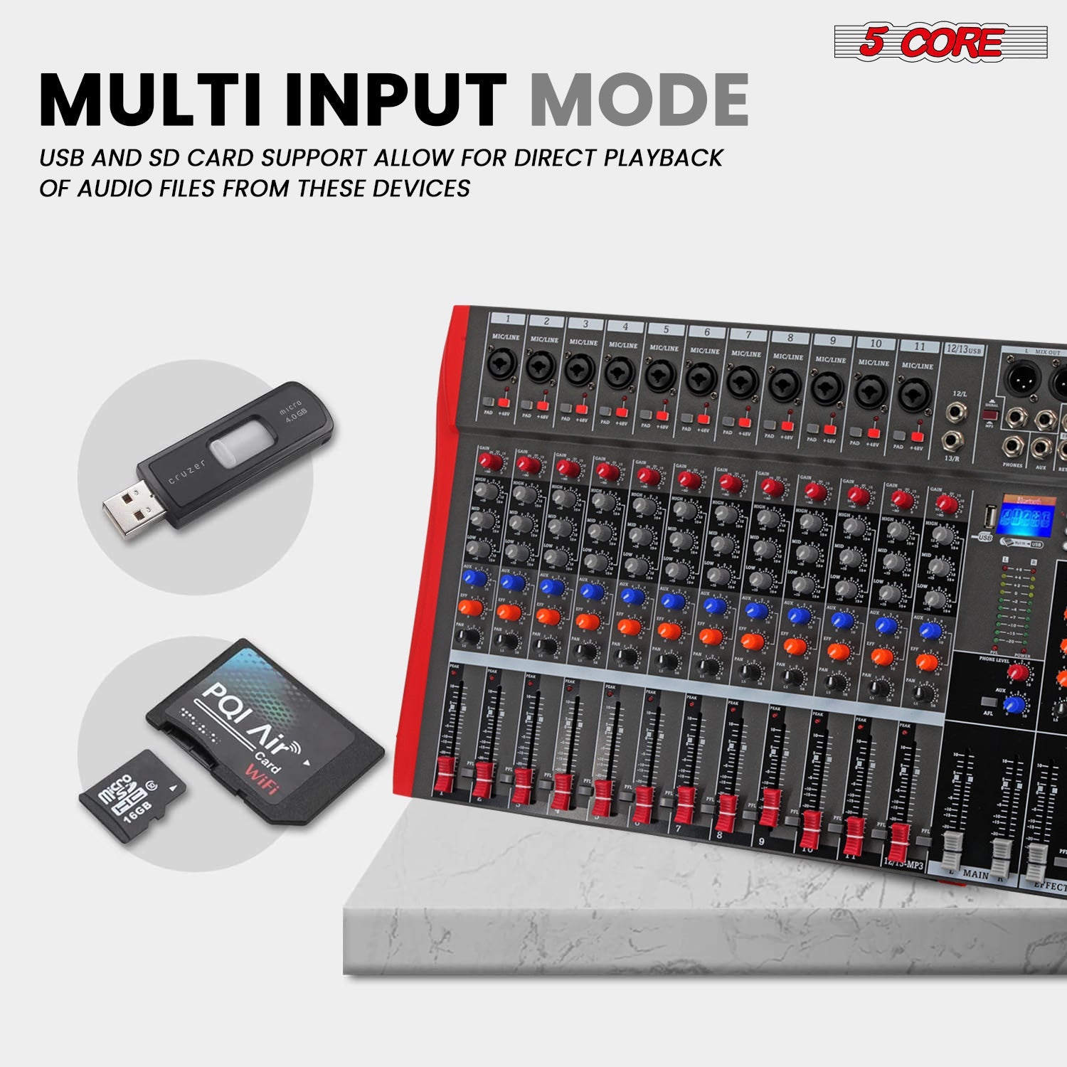 5 Core Audio Mixer 12 Channel DJ Equipment with Bluetooth USB Sound