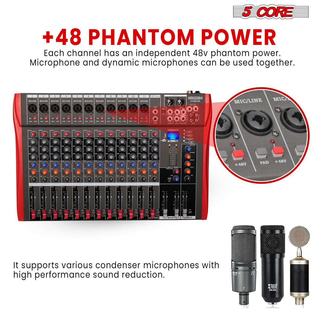 5 Core Audio Mixer 12 Channel DJ Equipment with Bluetooth USB Sound