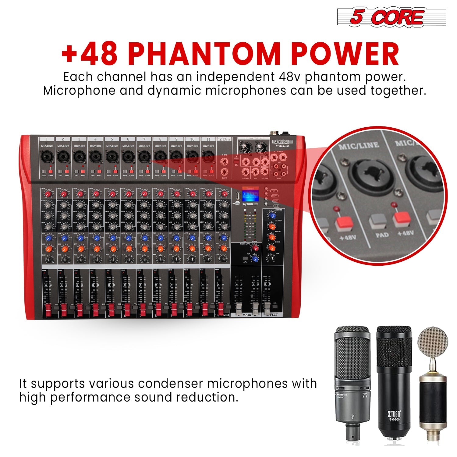 5 Core Audio Mixer 12 Channel DJ Equipment with Bluetooth USB Sound