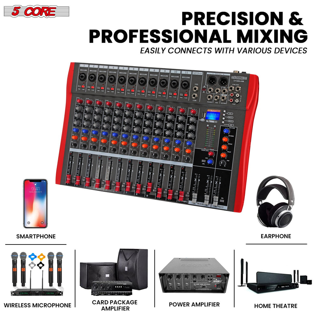 5 Core Audio Mixer 12 Channel DJ Equipment with Bluetooth USB Sound