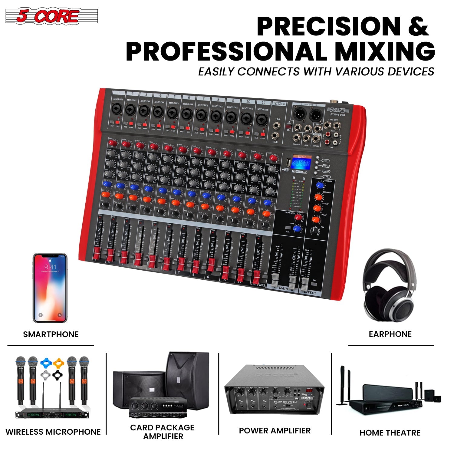 5 Core Audio Mixer 12 Channel DJ Equipment with Bluetooth USB Sound