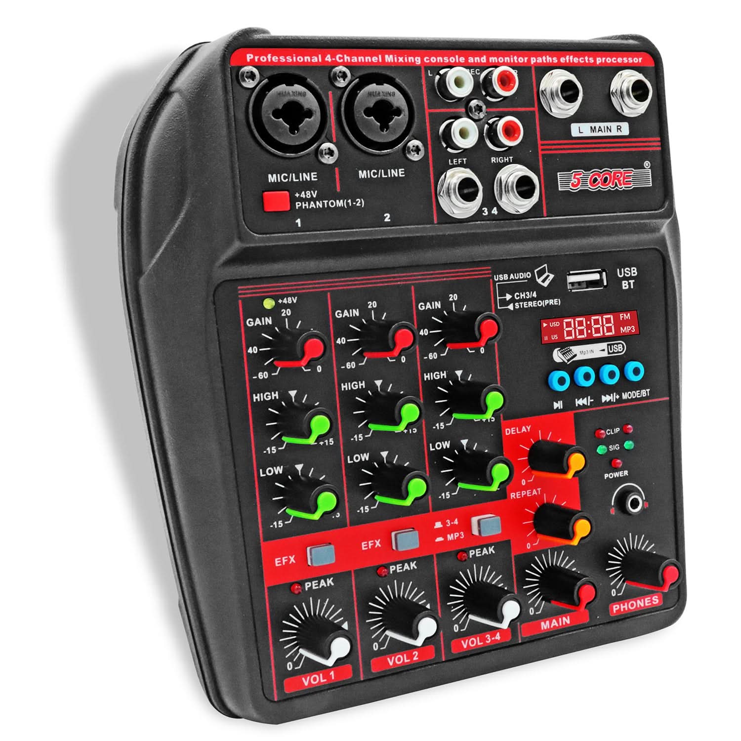 5 Core Audio Mixer 4 Channel DJ Equipment with Bluetooth USB Sound