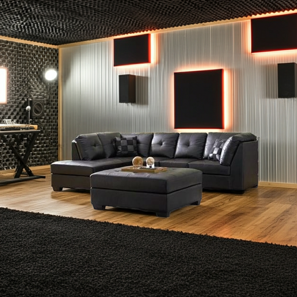 Black Bonded Leather Sectional Sofa with Left Side Chaise