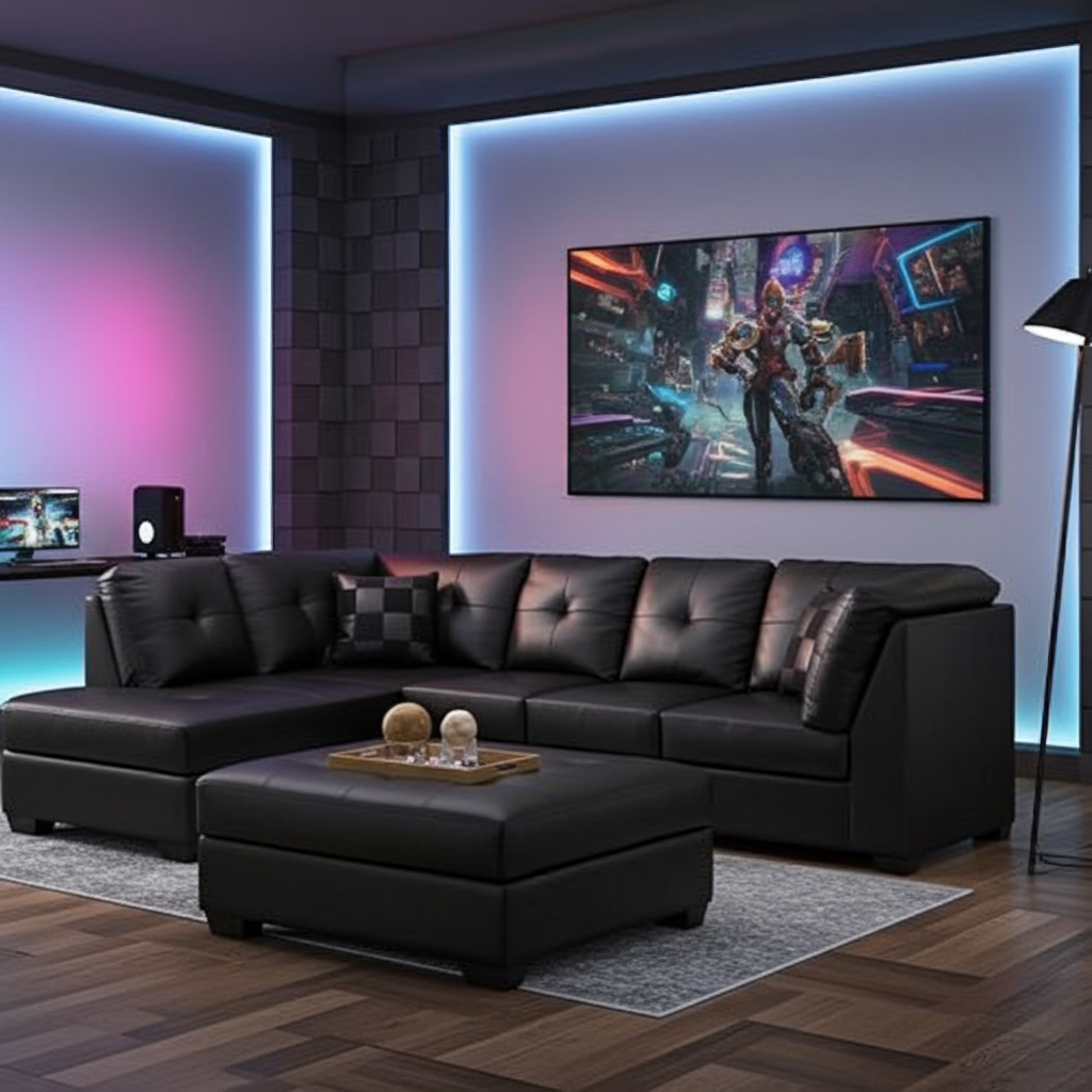 Black Bonded Leather Sectional Sofa with Left Side Chaise