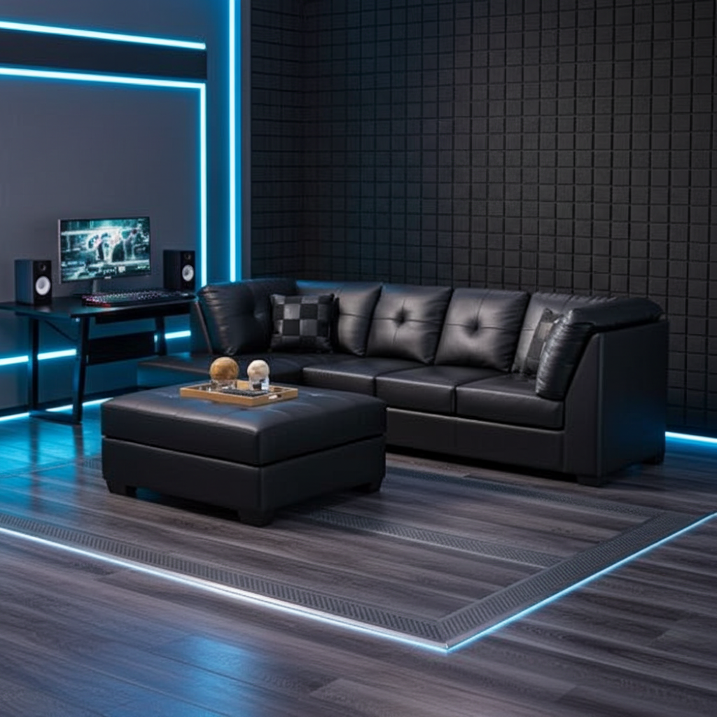 Black Bonded Leather Sectional Sofa with Left Side Chaise