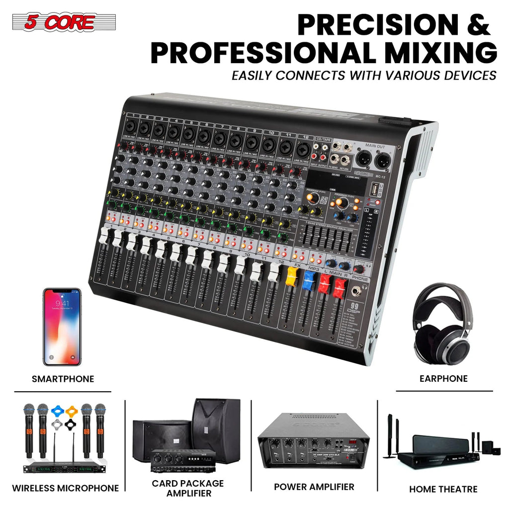 Audio Mixer 12 Channel DJ Equipment with Bluetooth USB Console Sound