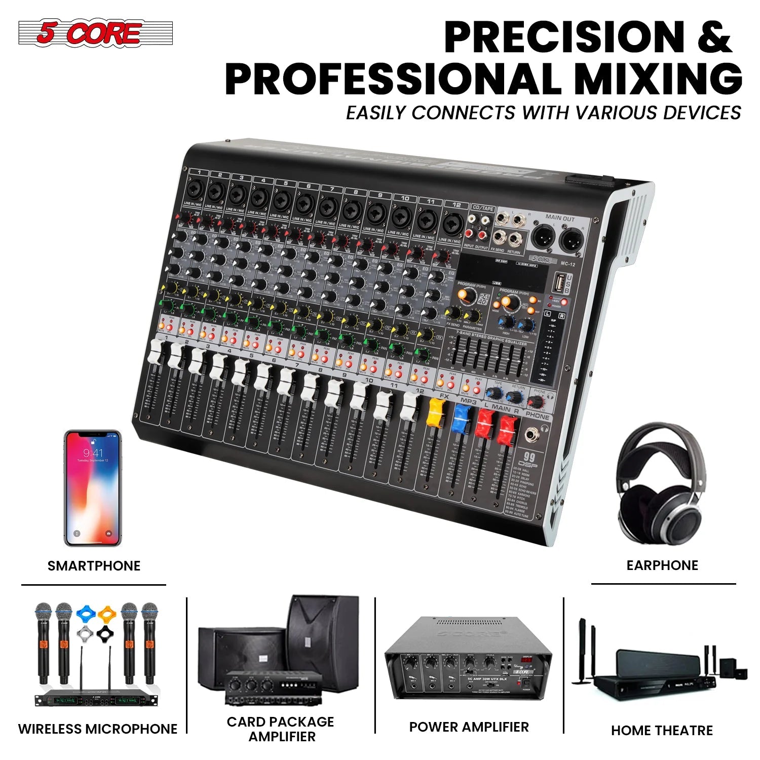 Audio Mixer 12 Channel DJ Equipment with Bluetooth USB Console Sound