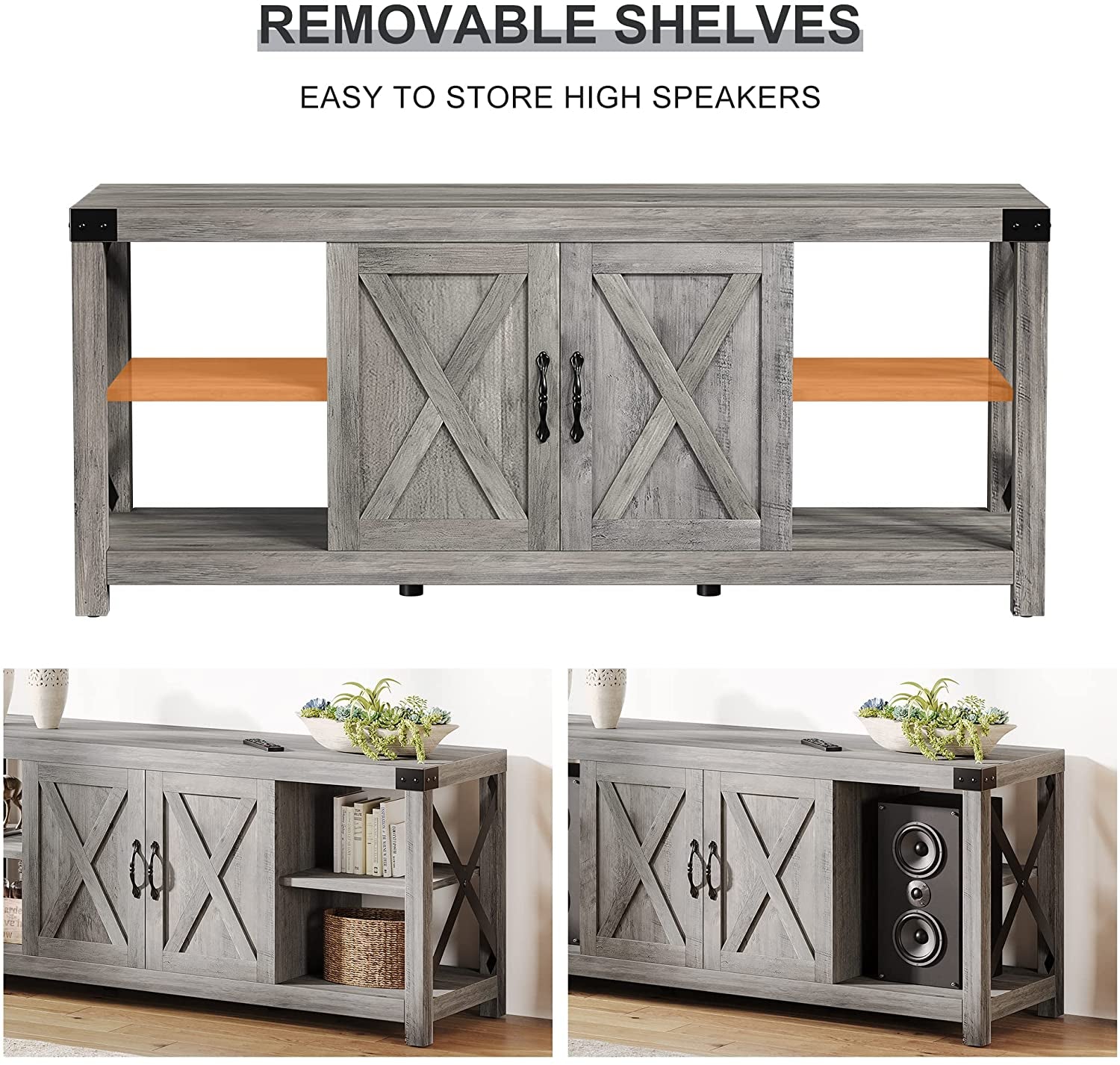 Grey Rustic Farmhouse TV Stand For 50 To 65 Inch TVs