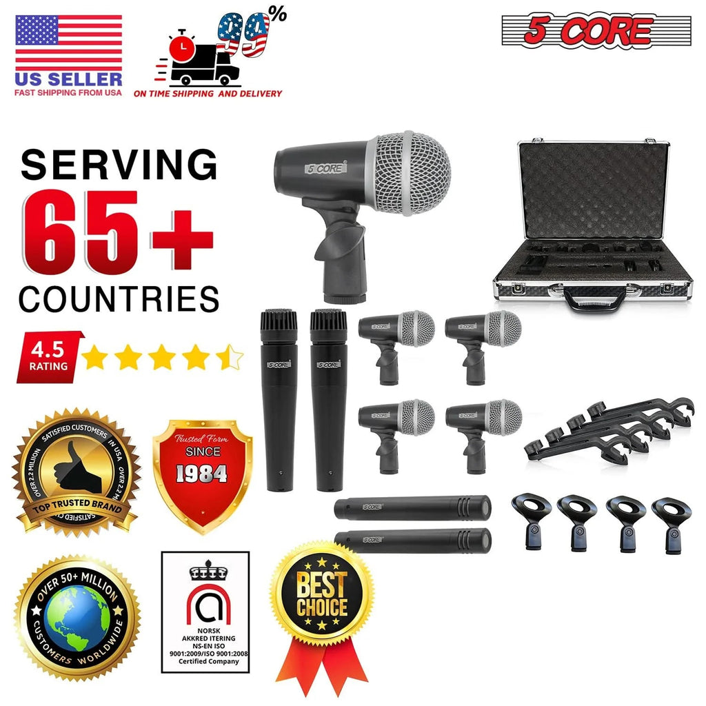 5Core Drum Mic Kit 9 Pcs Kick Basstom Snare Dynamic Mics Instrument
