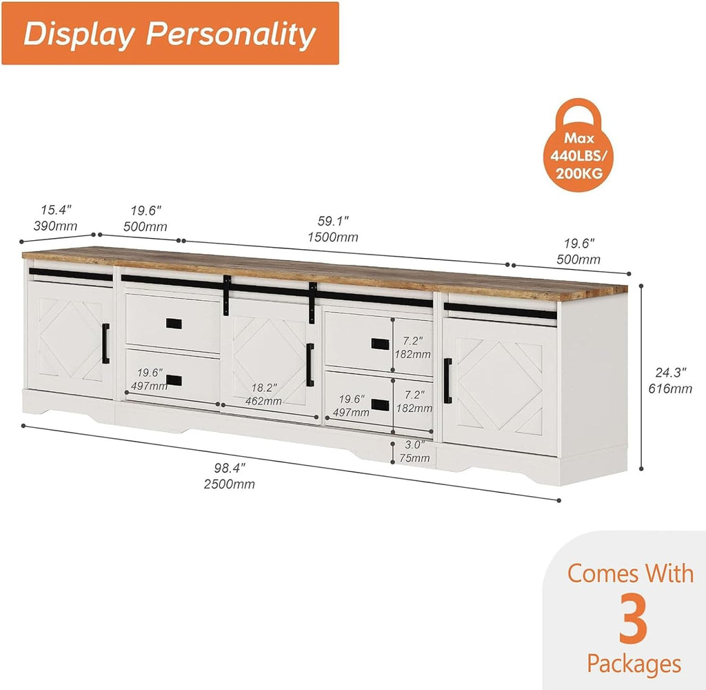 98.4 Inch Wide TV Stand Antique White For Living Room