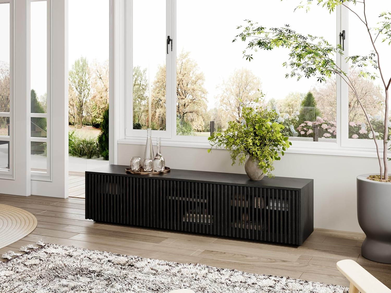 65 Inch Black Solid Wood TV Stand With Oak Veneer Finish