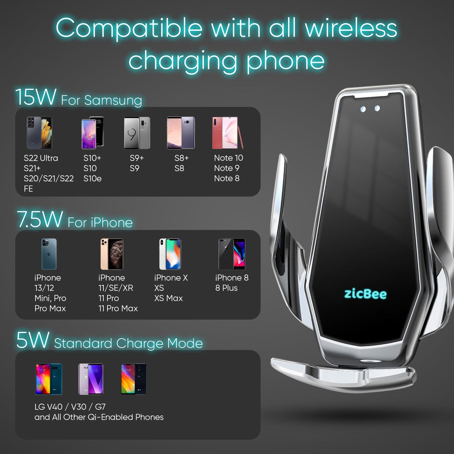 15W Wireless Car Charger for iPhone & Android phones