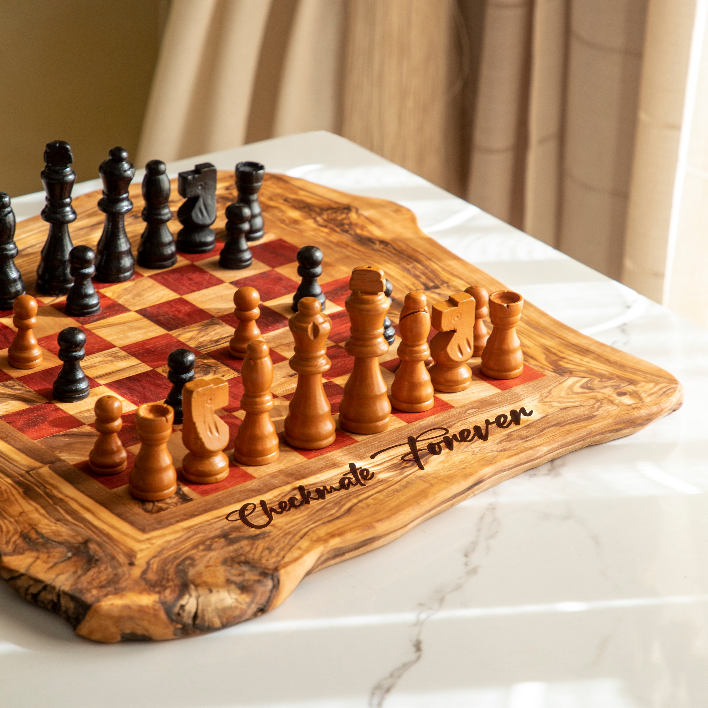 Olive Wood Chess Set with a Rustic Wobbly Board and Red Squares