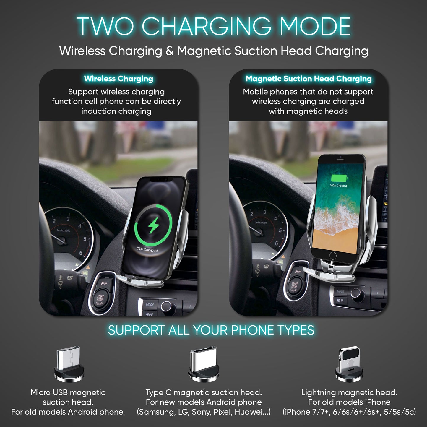 15W Wireless Car Charger for iPhone & Android phones