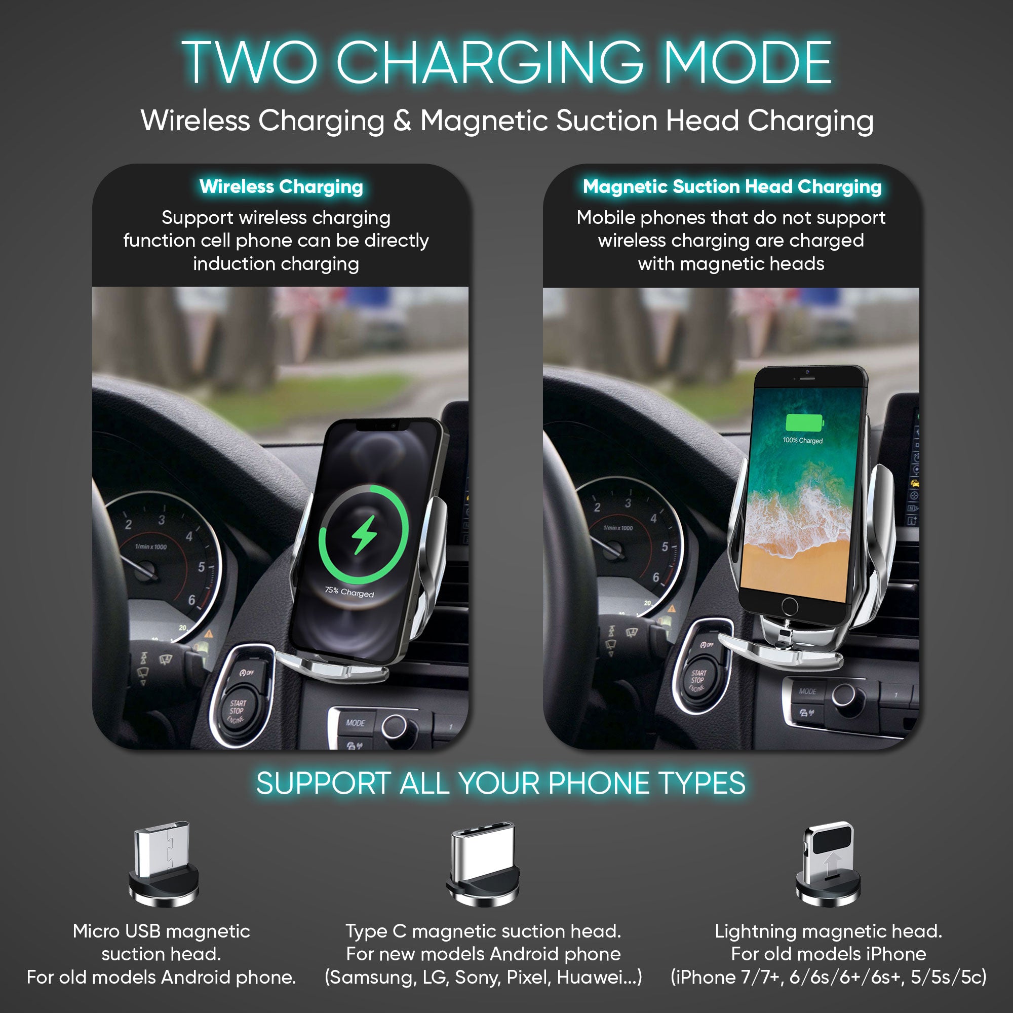 15W Wireless Car Charger for iPhone & Android phones