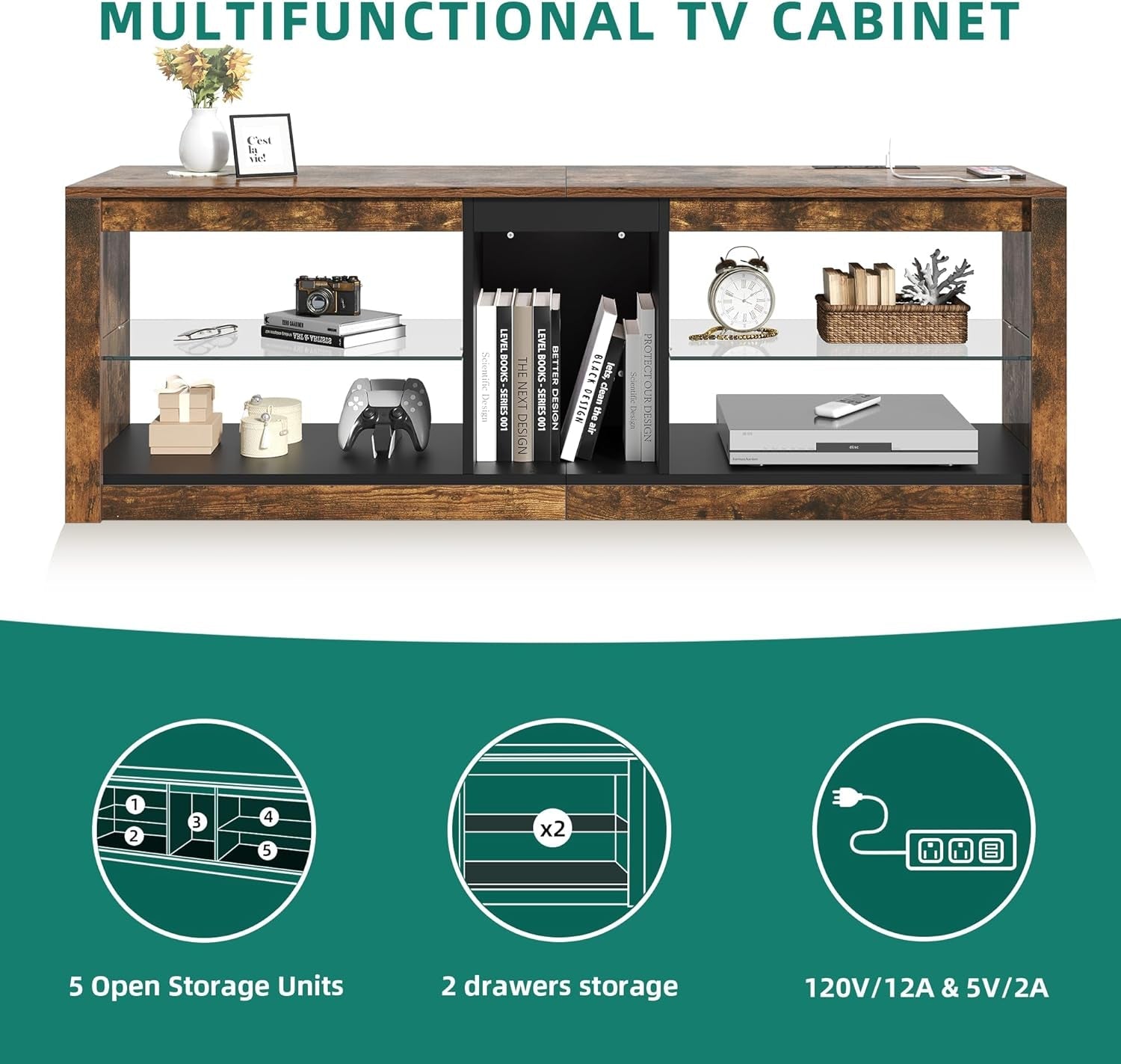 LED TV Stand With RGB Lighting And Power Outlets For 60 Inch TVs