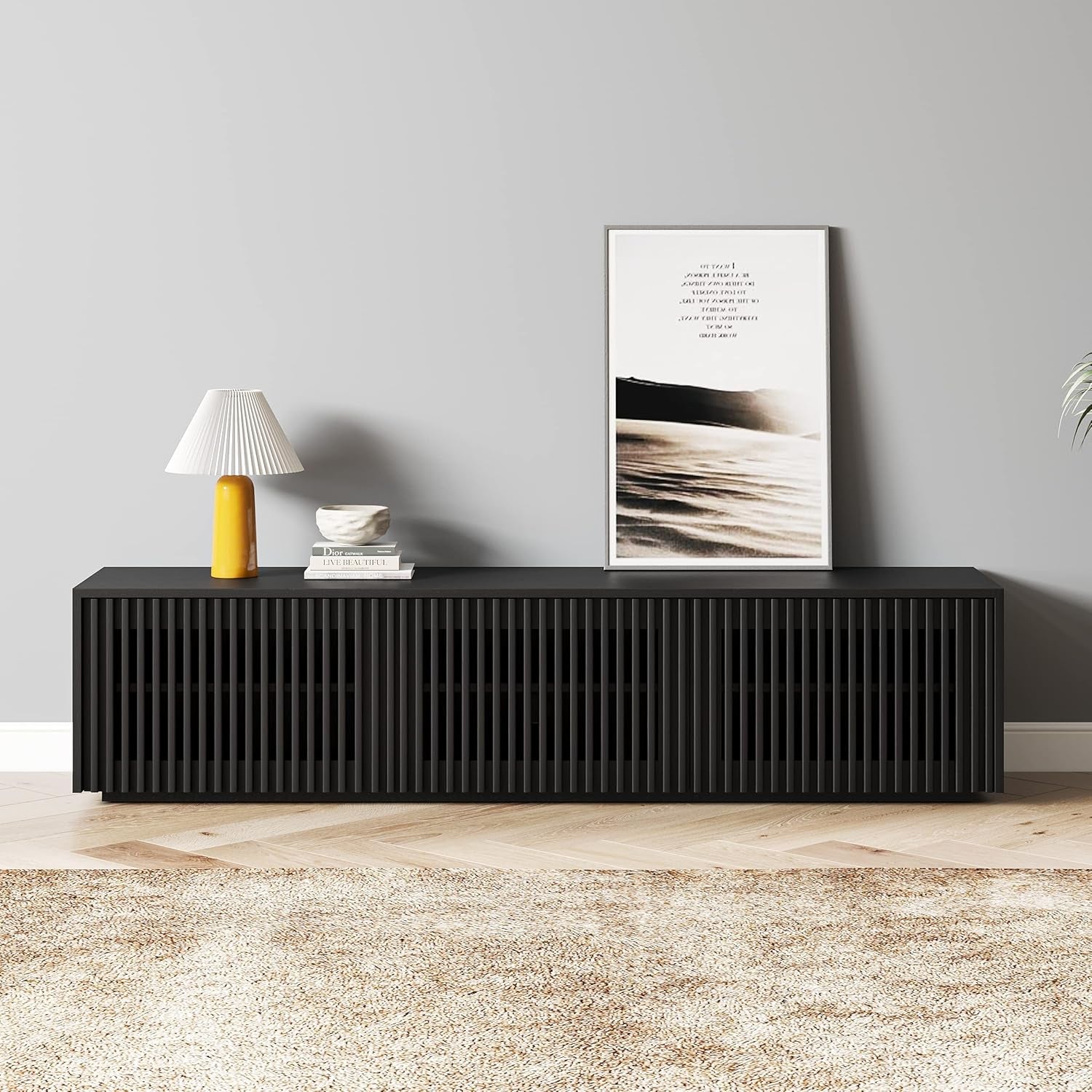 65 Inch Black Solid Wood TV Stand With Oak Veneer Finish