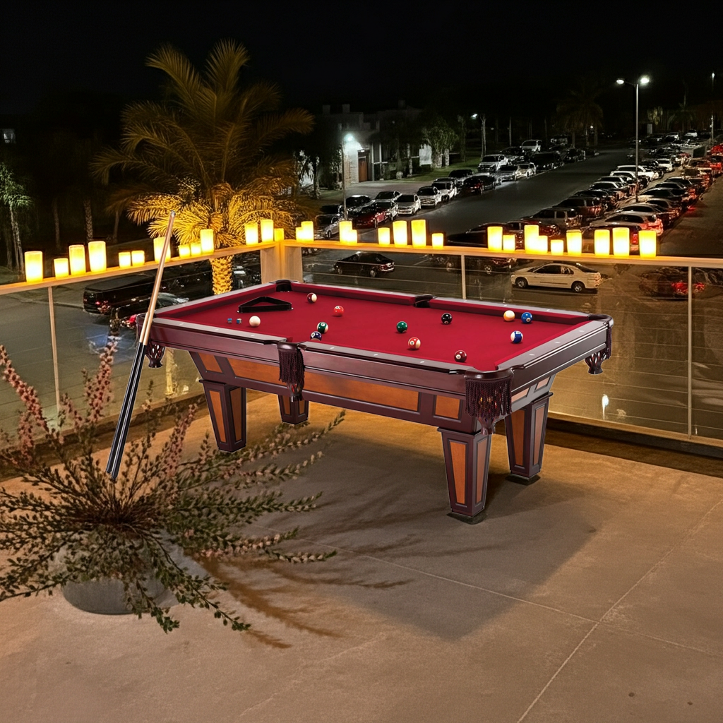 7 Ft Pool Table with Red Burgundy Wool Top and Fringe Drop Pockets