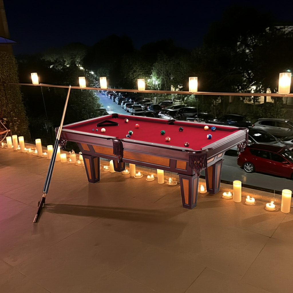 7 Ft Pool Table with Red Burgundy Wool Top and Fringe Drop Pockets