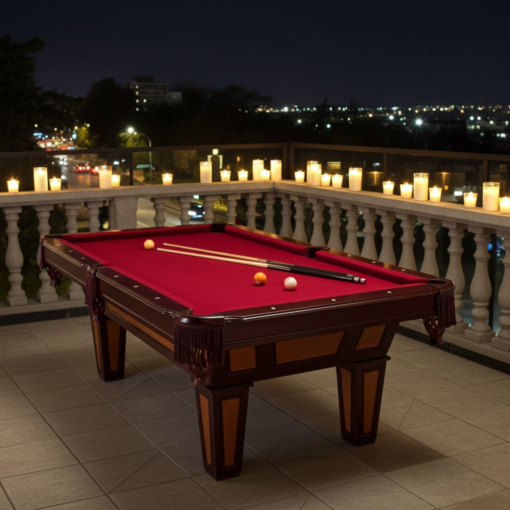7 Ft Pool Table with Red Burgundy Wool Top and Fringe Drop Pockets