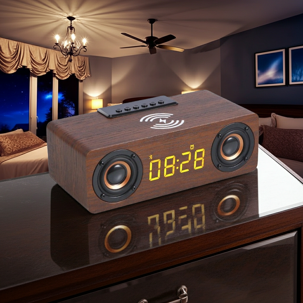 Wooden Retro Theme Wireless Charger Bluetooth Speaker Alarm Clock