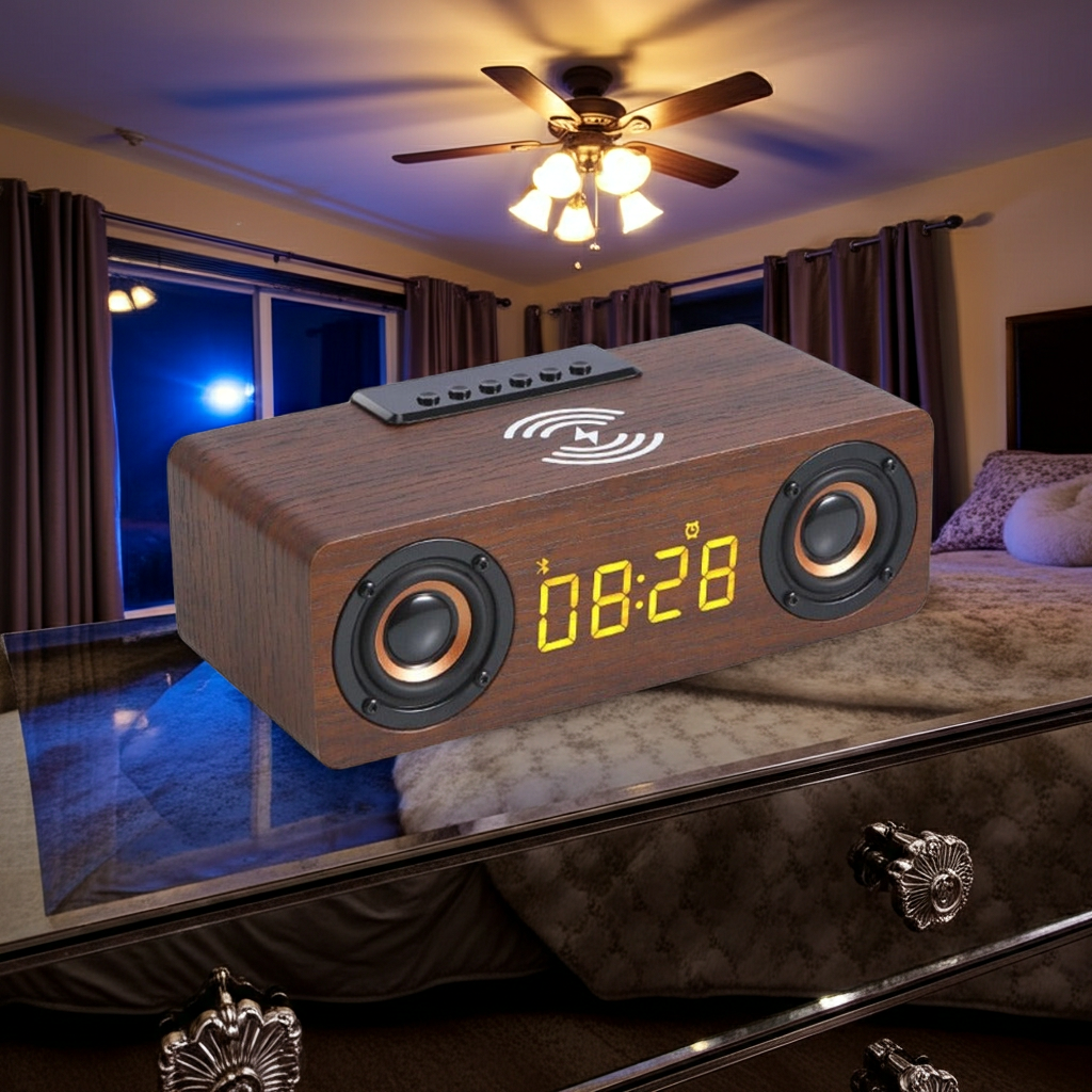 Wooden Retro Theme Wireless Charger Bluetooth Speaker Alarm Clock