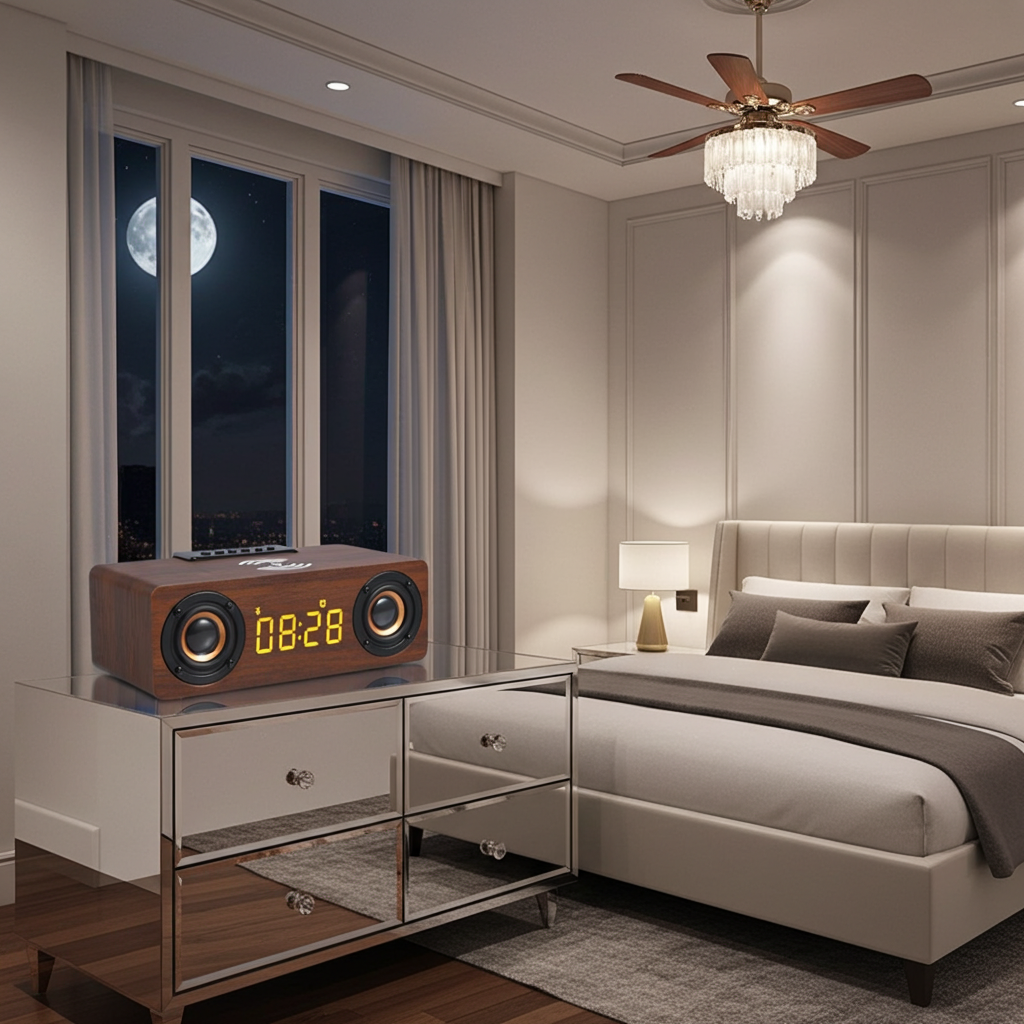 Wooden Retro Theme Wireless Charger Bluetooth Speaker Alarm Clock